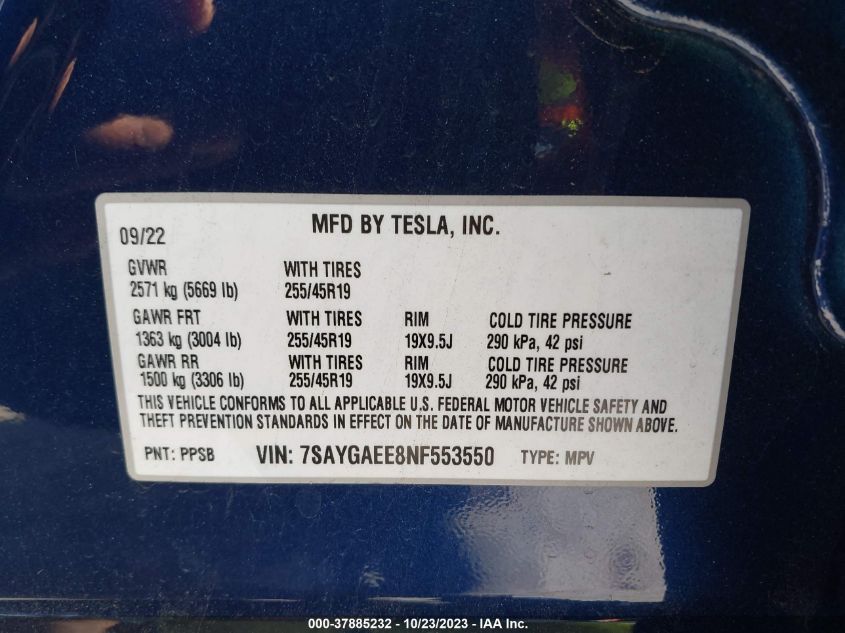 2022 TESLA MODEL Y - 7SAYGAEE8NF553550