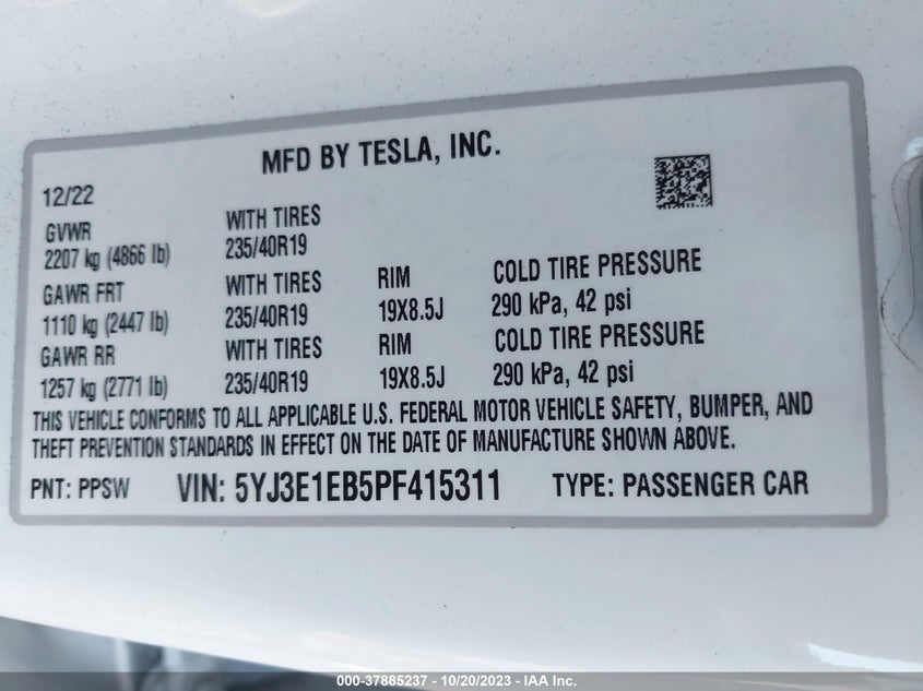 VIN 5YJ3E1EB5PF415311 2023 TESLA MODEL 3 LONG RANGE