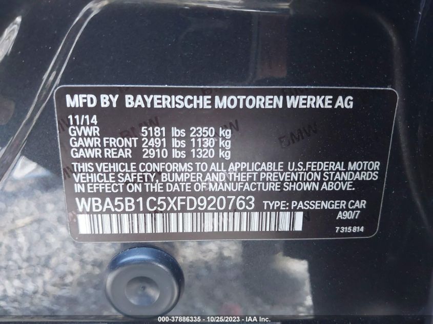 2015 BMW 5 SERIES 535I WBA5B1C5XFD920763