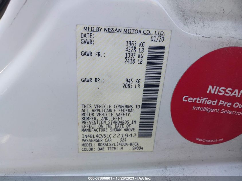 2020 NISSAN ALTIMA 2.5 SR - 1N4BL4CV5LC221942