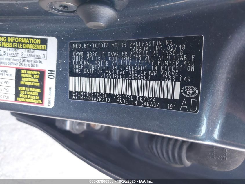 VIN 2T1BURHEXJC065608 2018 TOYOTA COROLLA L/LE/XLE/SE/XSE
