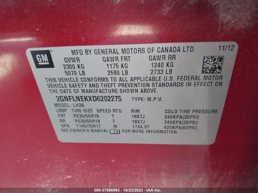 2013 CHEVROLET EQUINOX LT - 2GNFLNEKXD6202275