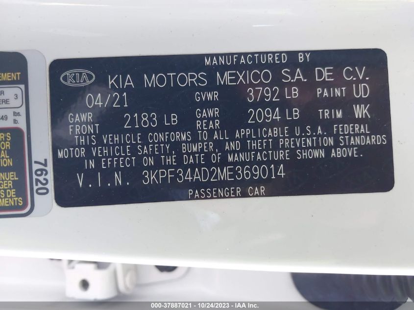 2021 KIA FORTE GT LINE - 3KPF34AD2ME369014
