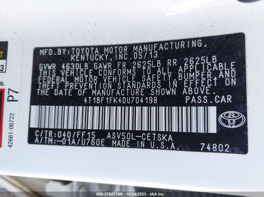 2013 TOYOTA CAMRY L/LE/SE/XLE - 4T1BF1FK4DU704198