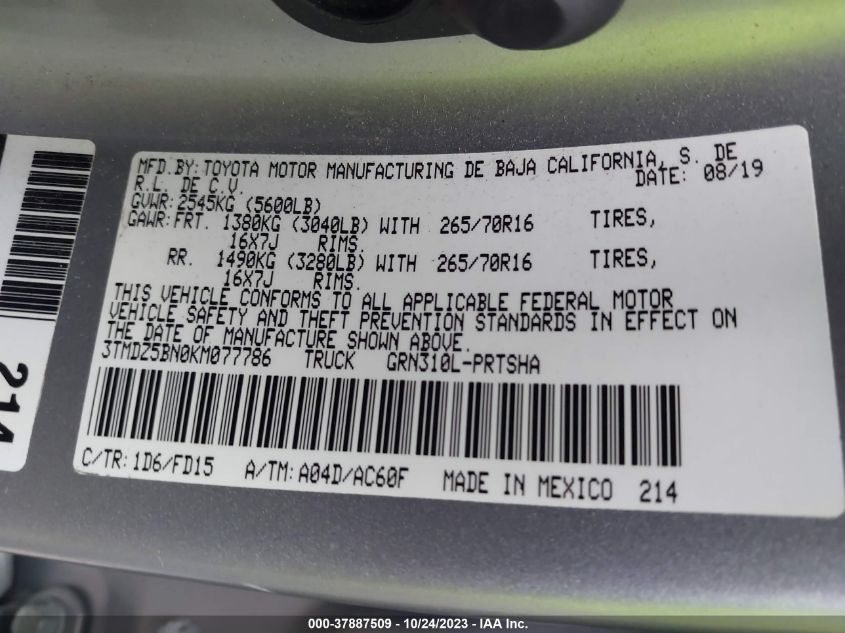 2019 TOYOTA TACOMA 4WD SR5/TRD SPORT 3TMDZ5BN0KM077786