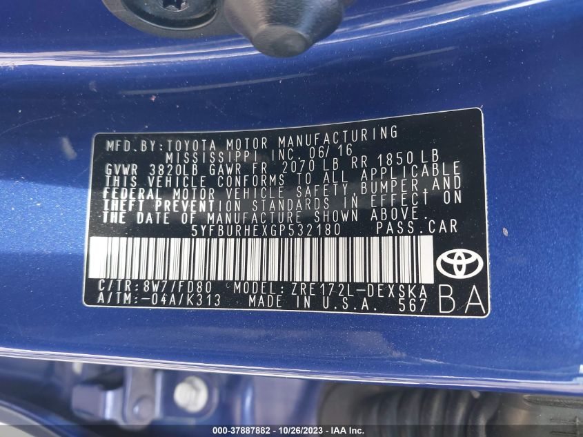 2016 TOYOTA COROLLA S - 5YFBURHEXGP532180