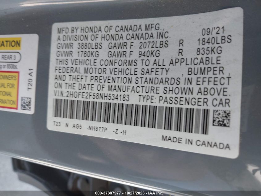 2022 HONDA CIVIC SPORT - 2HGFE2F58NH534183