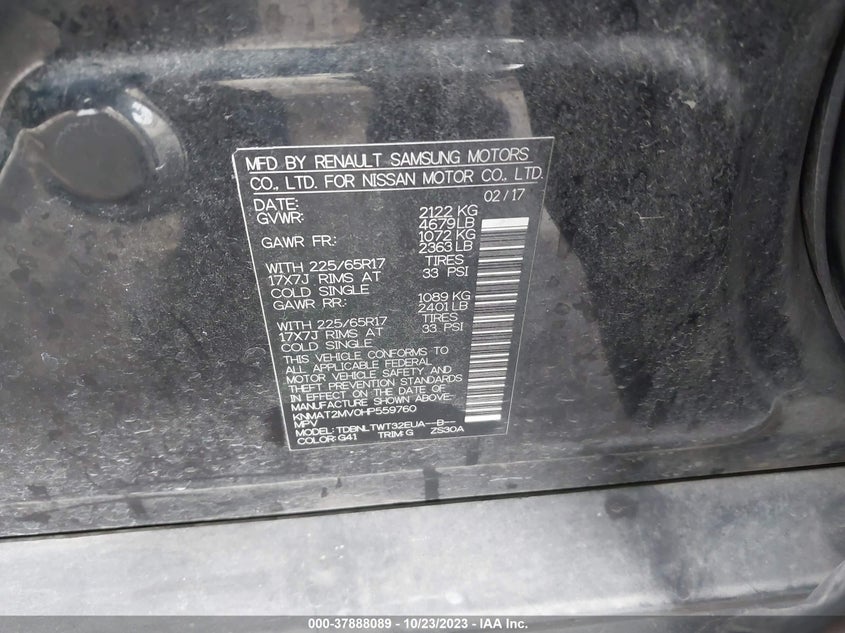VIN KNMAT2MV0HP559760 2017 NISSAN ROGUE S/SV