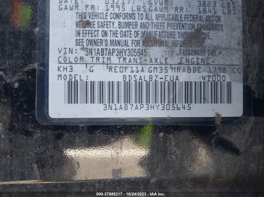VIN 3N1AB7AP3HY305645 2017 NISSAN SENTRA S/SV/SR/SL