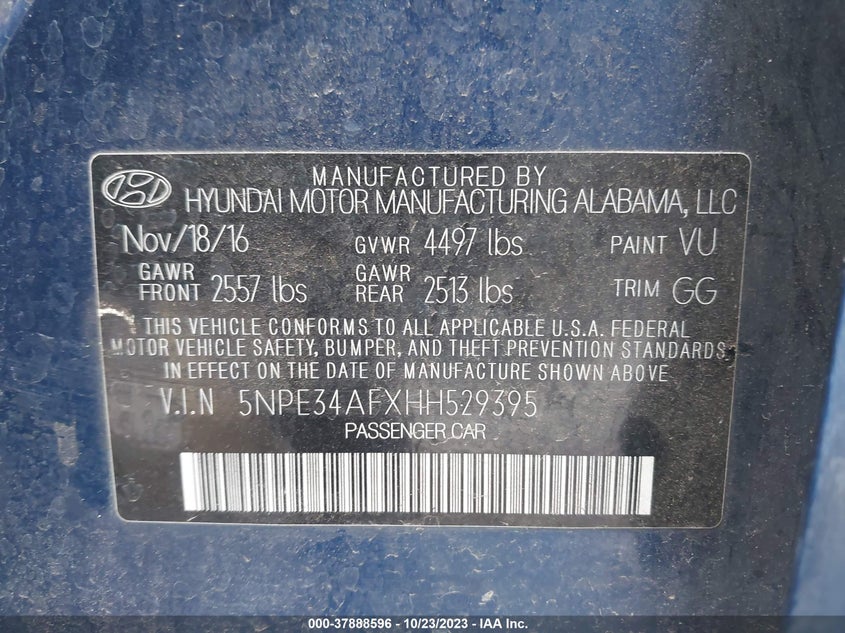 VIN 5NPE34AFXHH529395 2017 HYUNDAI SONATA SPORT