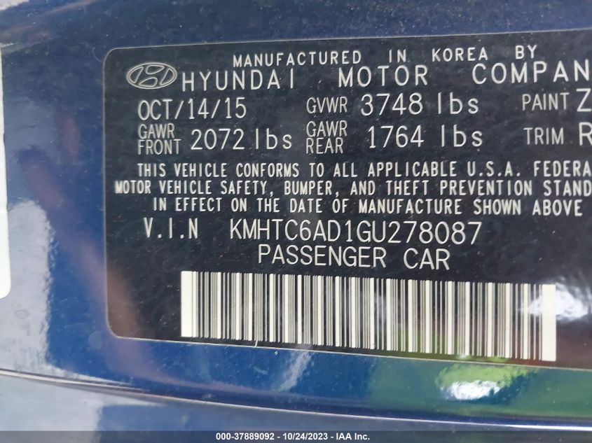 2016 HYUNDAI VELOSTER - KMHTC6AD1GU278087