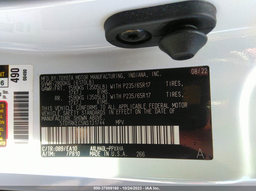 VIN 5TDYRKEC5NS131744 2022 TOYOTA SIENNA XLE