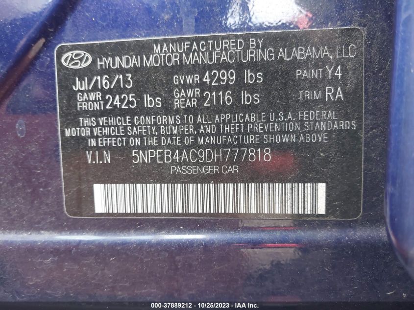 2013 HYUNDAI SONATA GLS - 5NPEB4AC9DH777818