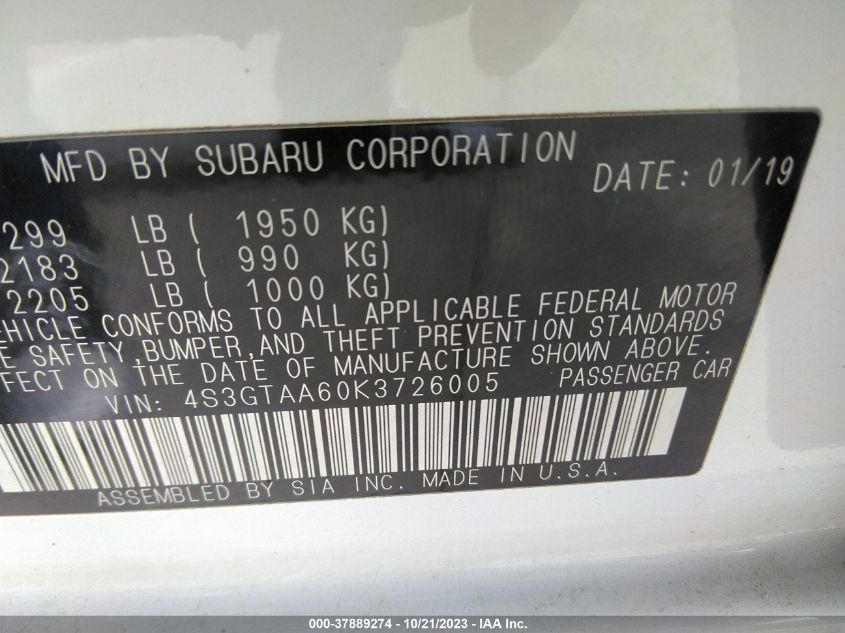 2019 SUBARU IMPREZA - 4S3GTAA60K3726005