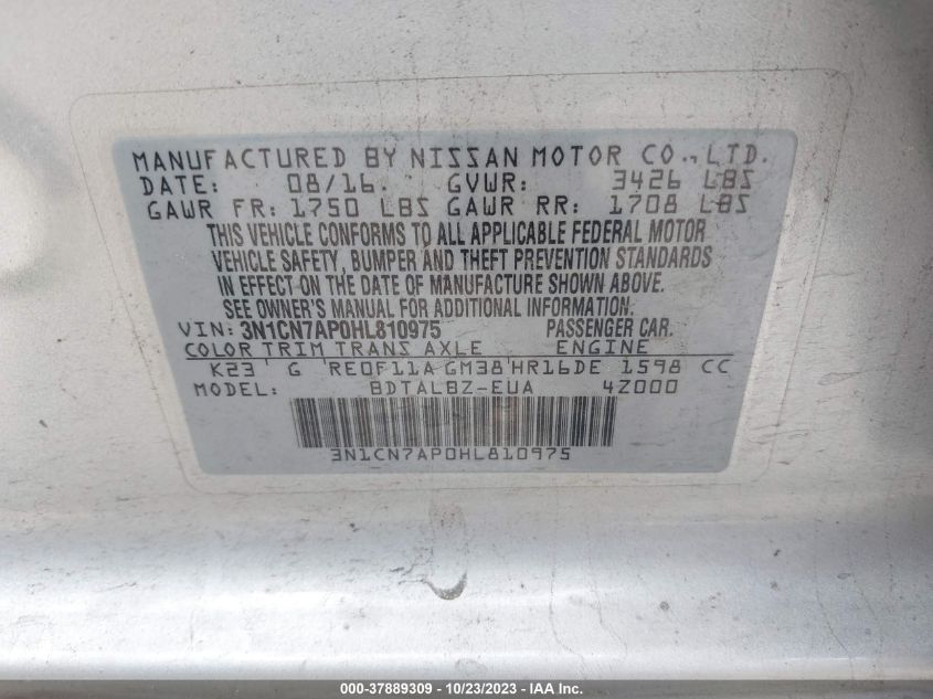 2017 NISSAN VERSA SEDAN SV 3N1CN7AP0HL810975