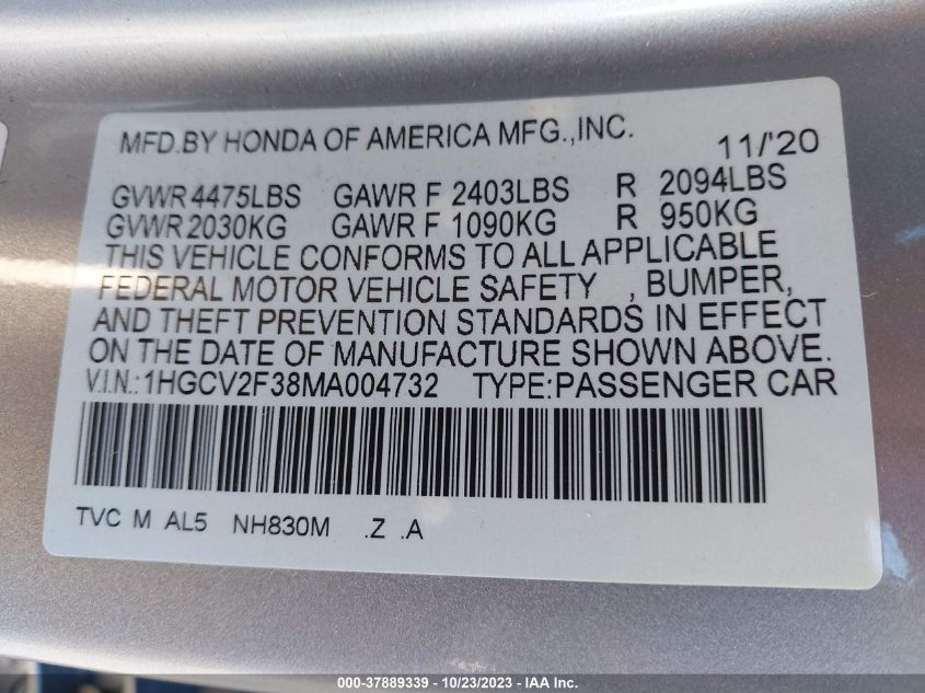 VIN 1HGCV2F38MA004732 2021 HONDA ACCORD SEDAN SPORT