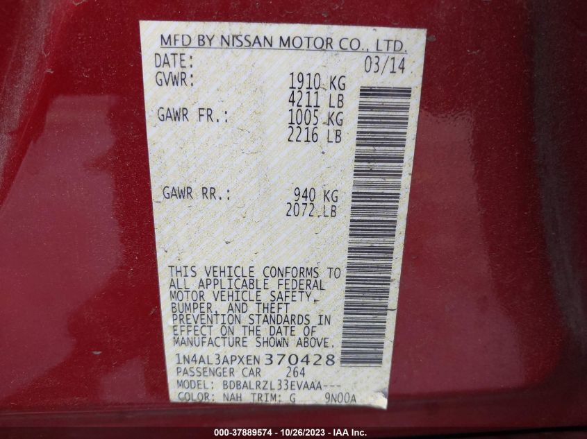 2014 NISSAN ALTIMA 2.5 S - 1N4AL3APXEN370428