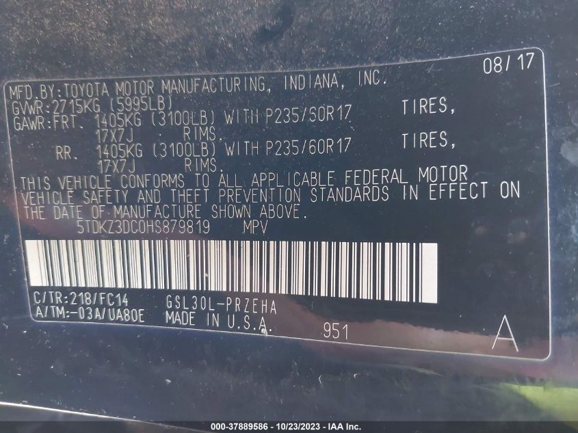 VIN 5TDKZ3DC0HS879819 2017 TOYOTA SIENNA LE