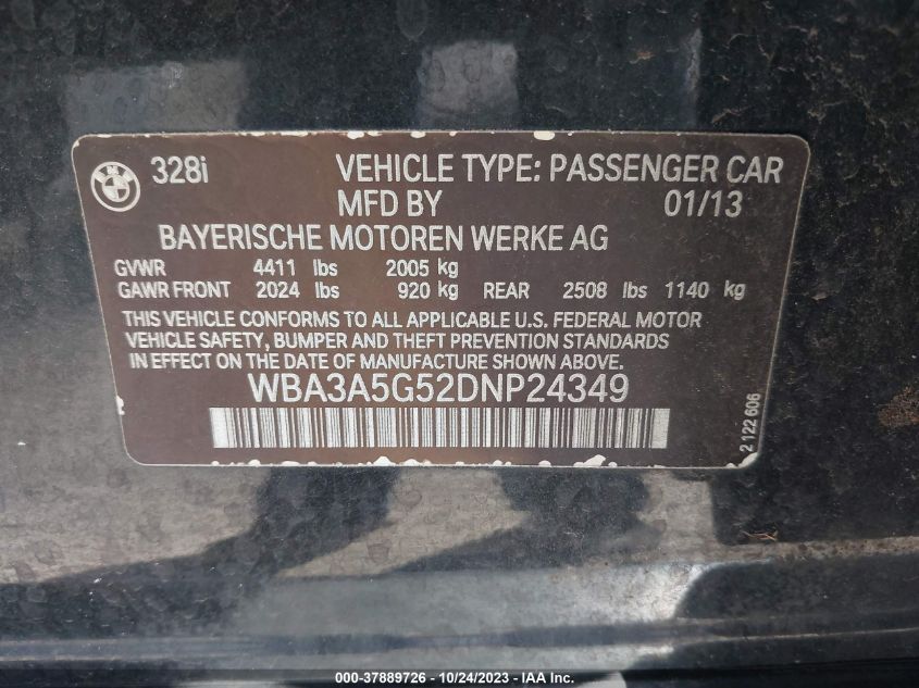 2013 BMW 3 SERIES 328I - WBA3A5G52DNP24349