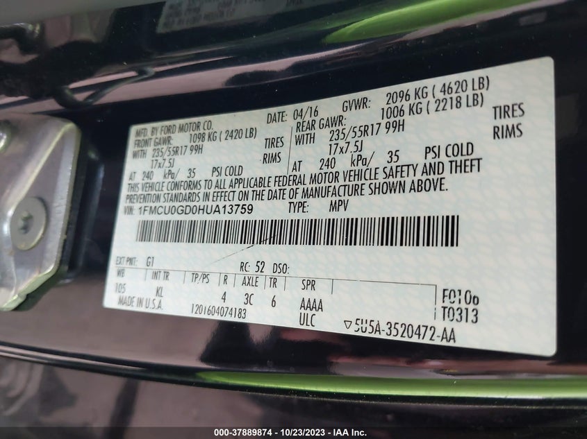 VIN 1FMCU0GD0HUA13759 2017 FORD ESCAPE SE
