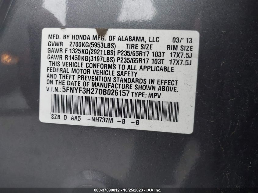 2013 HONDA PILOT LX - 5FNYF3H27DB026157