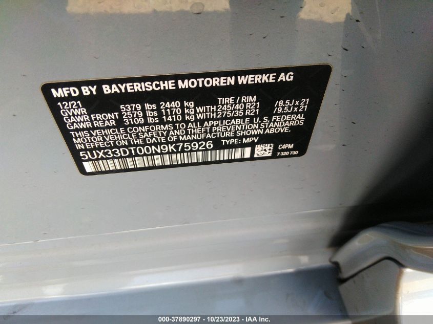 2022 BMW X4 XDRIVE30I - 5UX33DT00N9K75926