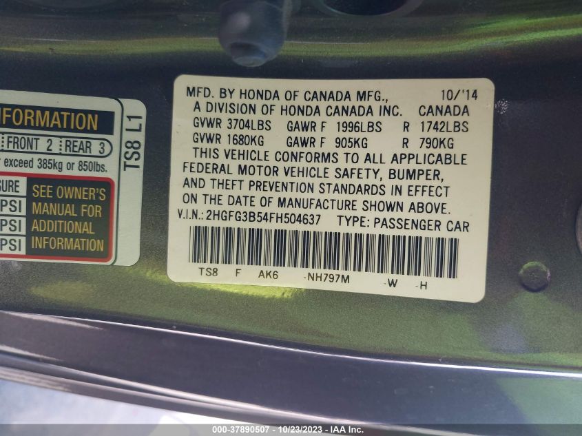 2015 HONDA CIVIC COUPE LX 2HGFG3B54FH504637