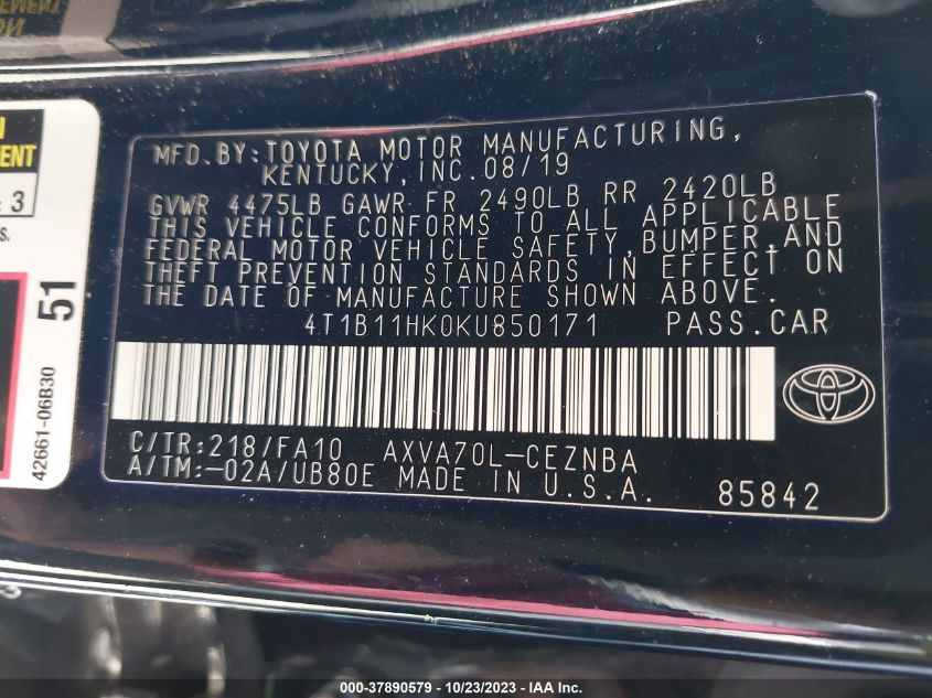 2019 TOYOTA CAMRY LE/SE/XLE/L - 4T1B11HK0KU850171