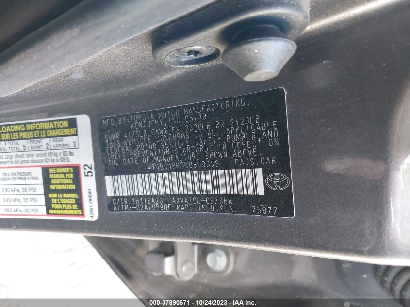 2019 TOYOTA CAMRY L/LE/XLE/SE/XSE - 4T1B11HK5KU803959