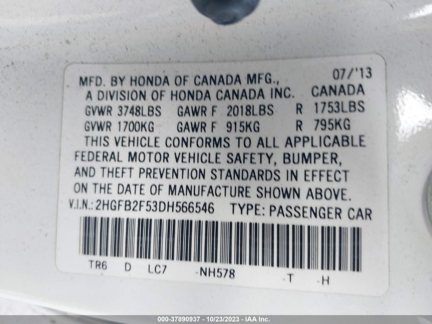 2013 HONDA CIVIC SDN LX 2HGFB2F53DH566546