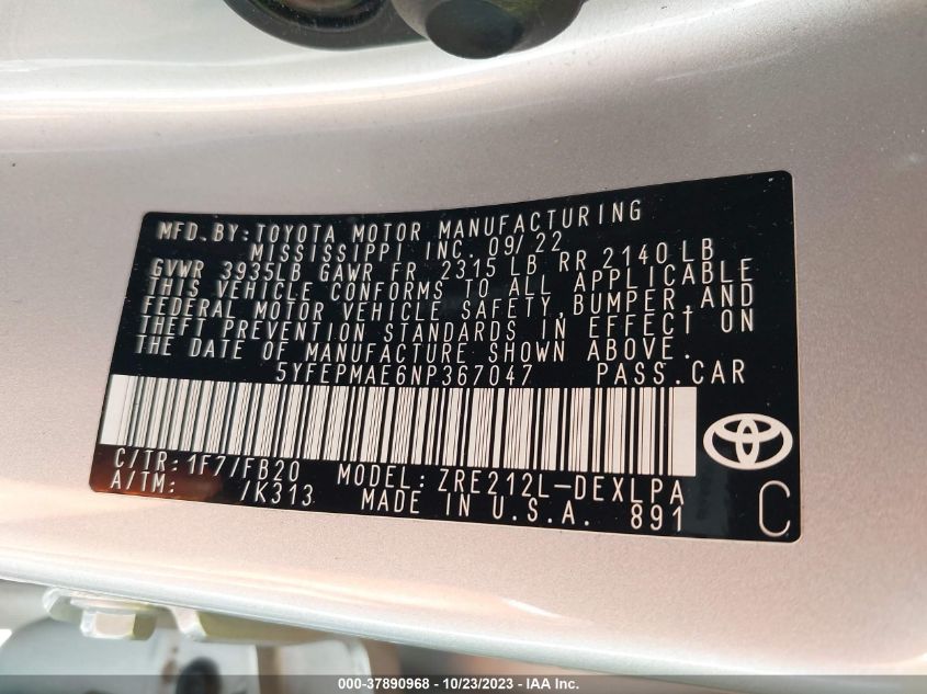 2022 TOYOTA COROLLA LE - 5YFEPMAE6NP367047