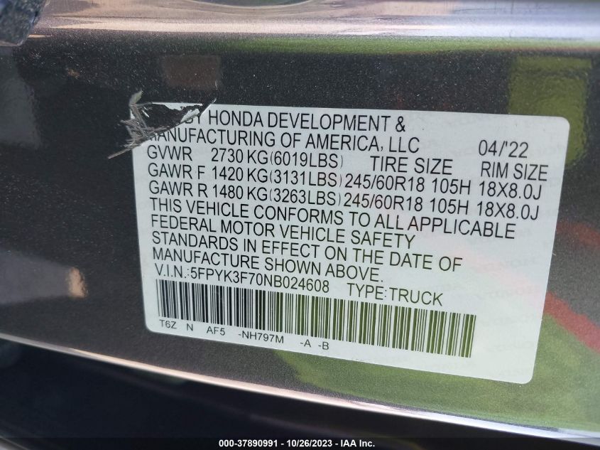 2022 HONDA RIDGELINE RTL - 5FPYK3F70NB024608