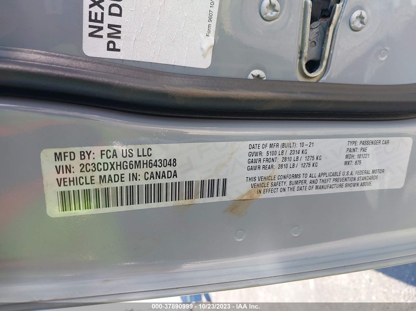 VIN 2C3CDXHG6MH643048 2021 DODGE CHARGER GT