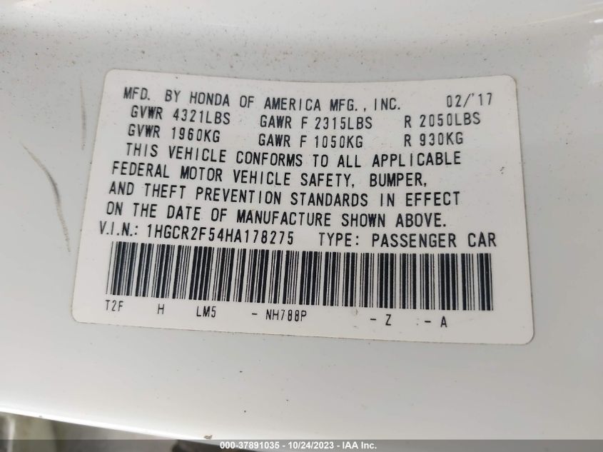 2017 HONDA ACCORD SEDAN SPORT - 1HGCR2F54HA178275