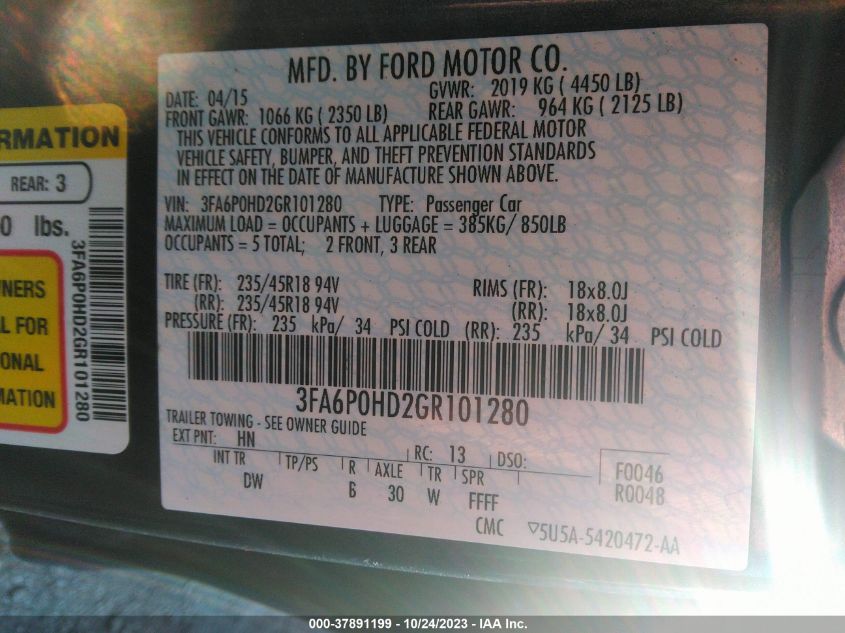 2016 FORD FUSION SE - 3FA6P0HD2GR101280