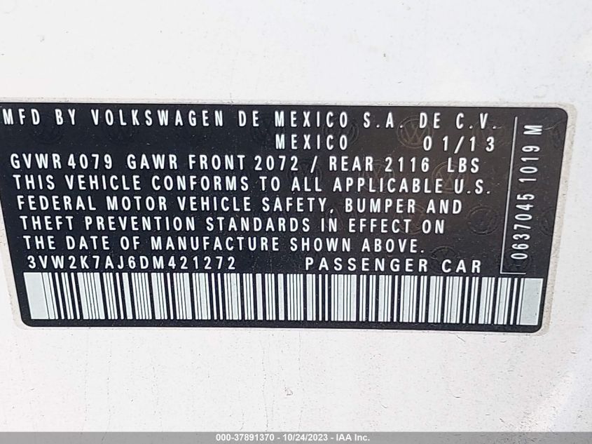 2013 VOLKSWAGEN JETTA SEDAN S 3VW2K7AJ6DM421272