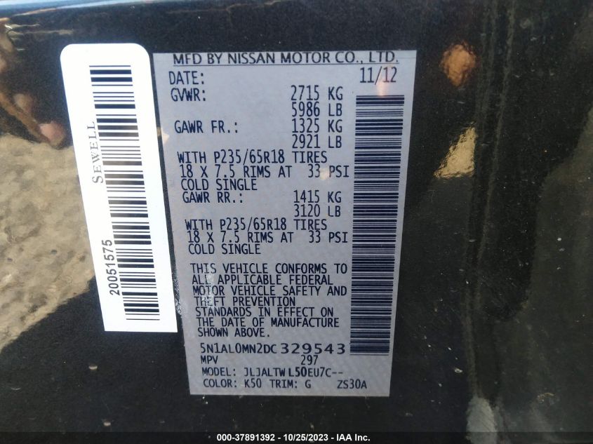 2013 INFINITI JX35 5N1AL0MN2DC329543