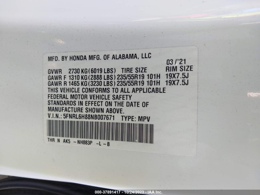 5FNRL6H88NB007671 Honda Odyssey TOURING 9