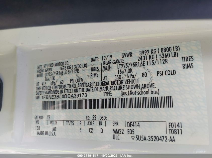 2013 FORD ECONOLINE WAGON XL/XLT 1FBNE3BL0DDA39173