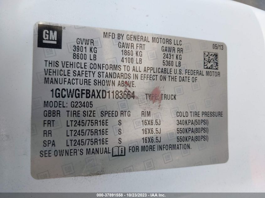 2013 CHEVROLET EXPRESS 2500 WORK VAN 1GCWGFBAXD1183664