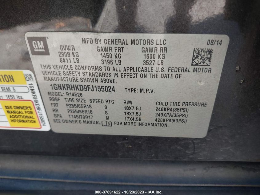 2015 CHEVROLET TRAVERSE LT - 1GNKRHKD9FJ155024