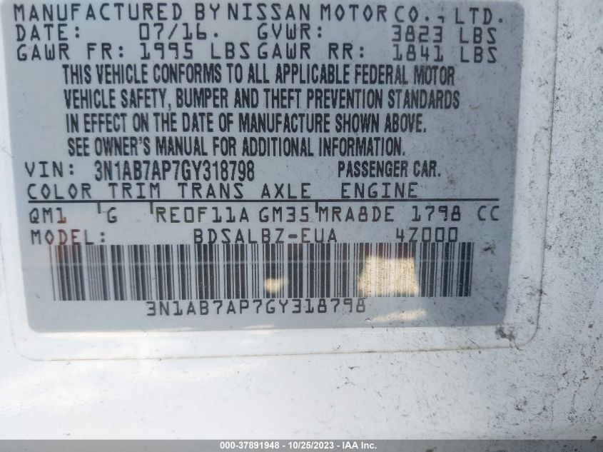2016 NISSAN SENTRA S/SV/SR/SL - 3N1AB7AP7GY318798
