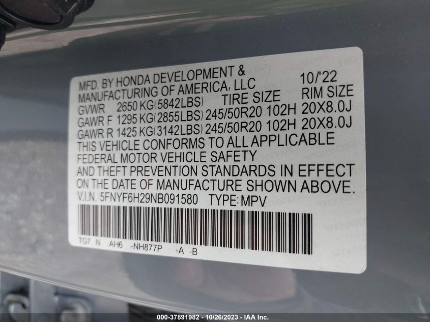 2022 HONDA PILOT SE - 5FNYF6H29NB091580