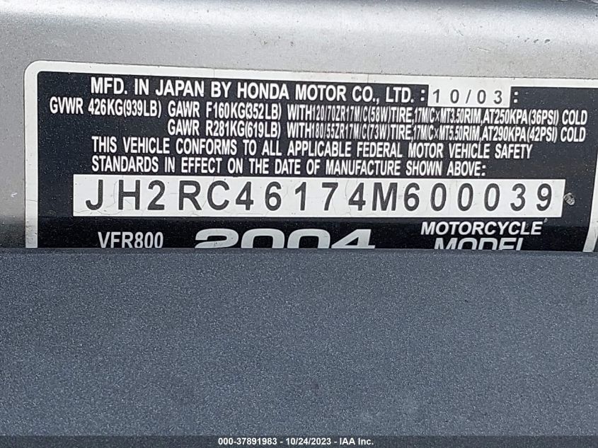 2004 HONDA VFR800 JH2RC46174M600039