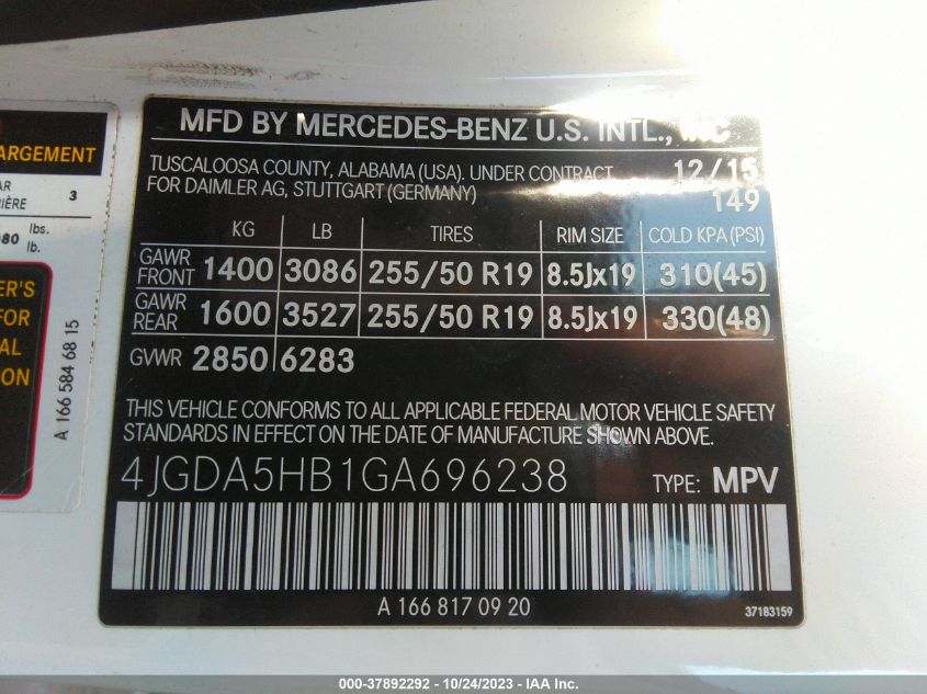 2016 MERCEDES-BENZ GLE GLE 350 4JGDA5HB1GA696238