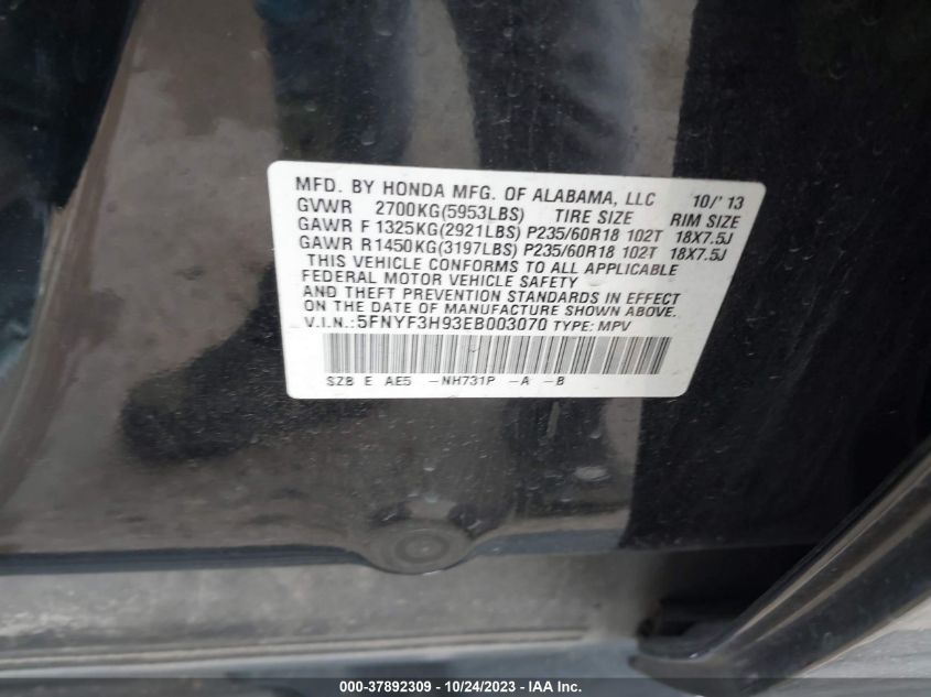 2014 HONDA PILOT TOURING - 5FNYF3H93EB003070