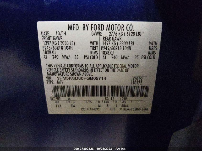 2015 FORD EXPLORER XLT - 1FM5K8D80FGB05714