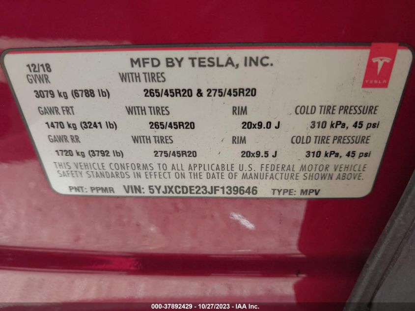 2018 TESLA MODEL X 75D/100D/P100D - 5YJXCDE23JF139646