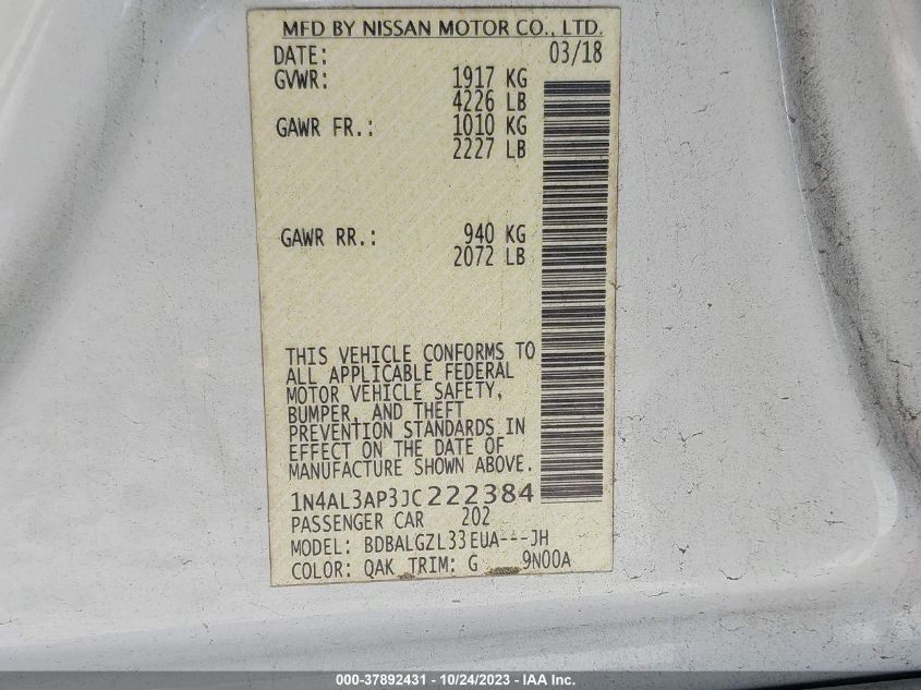 2018 NISSAN ALTIMA 2.5/S/SV/SL/SR - 1N4AL3AP3JC222384