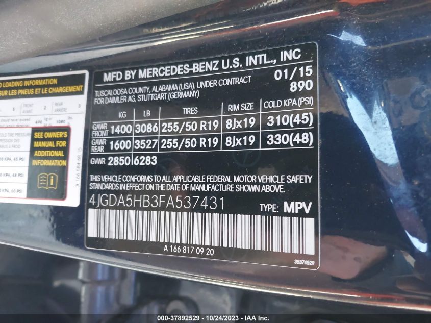 2015 MERCEDES-BENZ M-CLASS ML 350 4JGDA5HB3FA537431